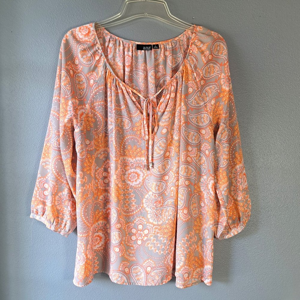 a.n.a - Orange & Tan Floral 3/4 Sleeve Top, Size Large